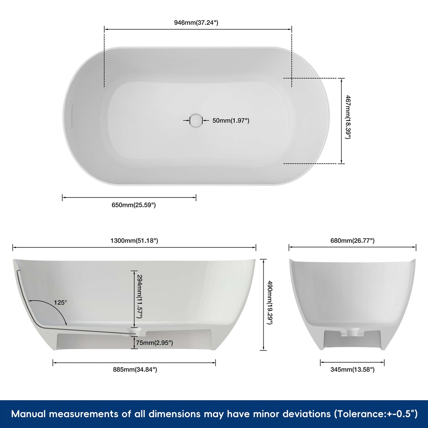 Medunjess 51'' Freestanding immersion solid surface bathtubs
