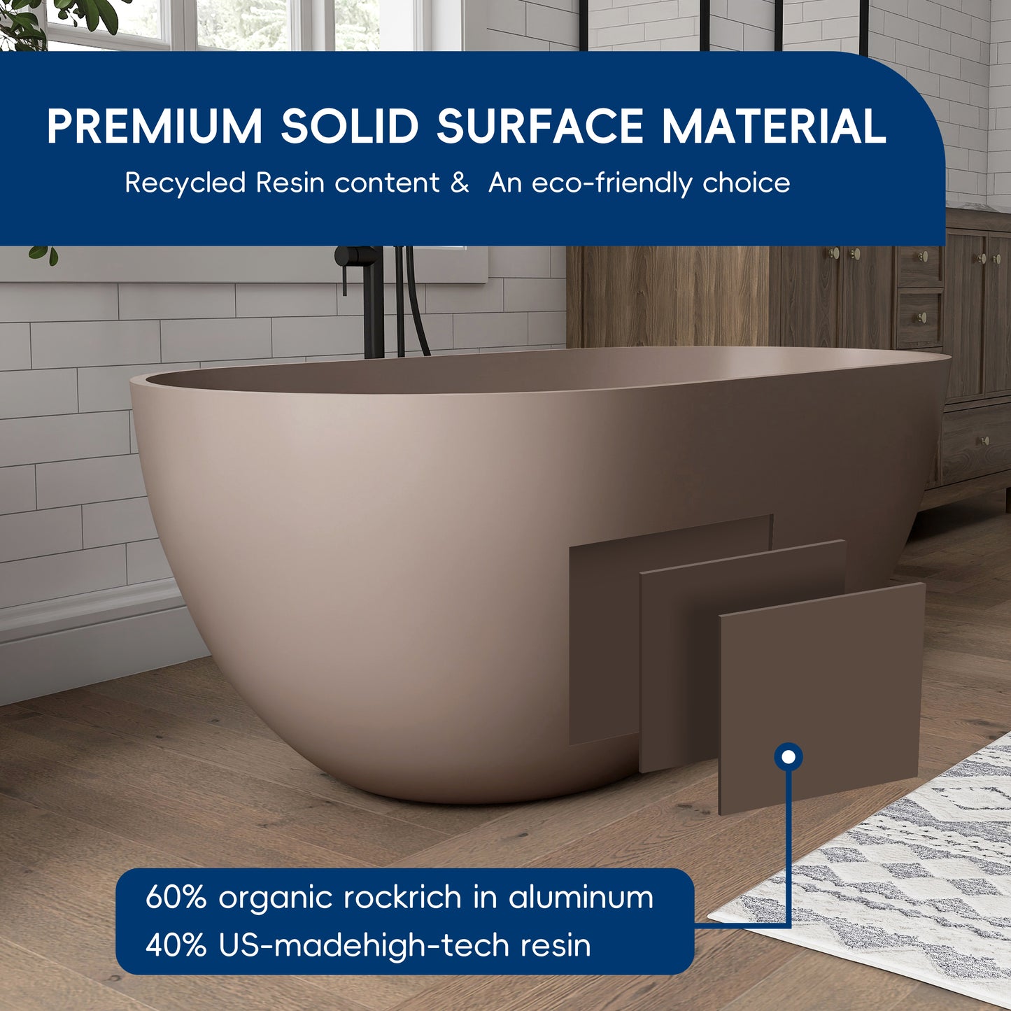 Modern Grey-Coffee freestanding bathtub in a bathroom setting with text about premium solid surface material.