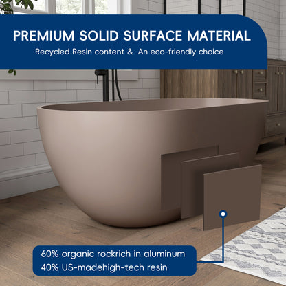 Modern Grey-Coffee freestanding bathtub in a bathroom setting with text about premium solid surface material.