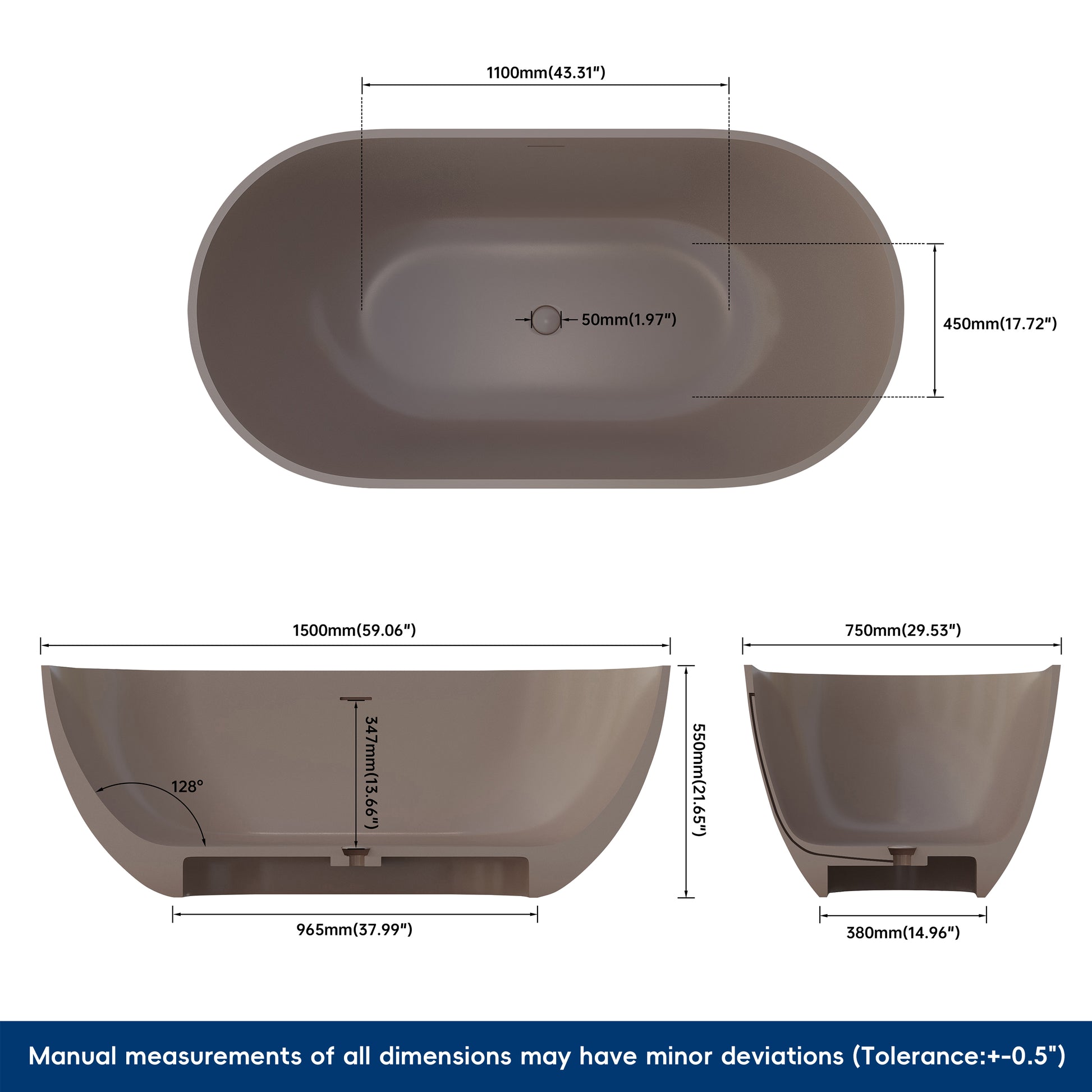 Measurement chart of a bathtub with dimensions labeled