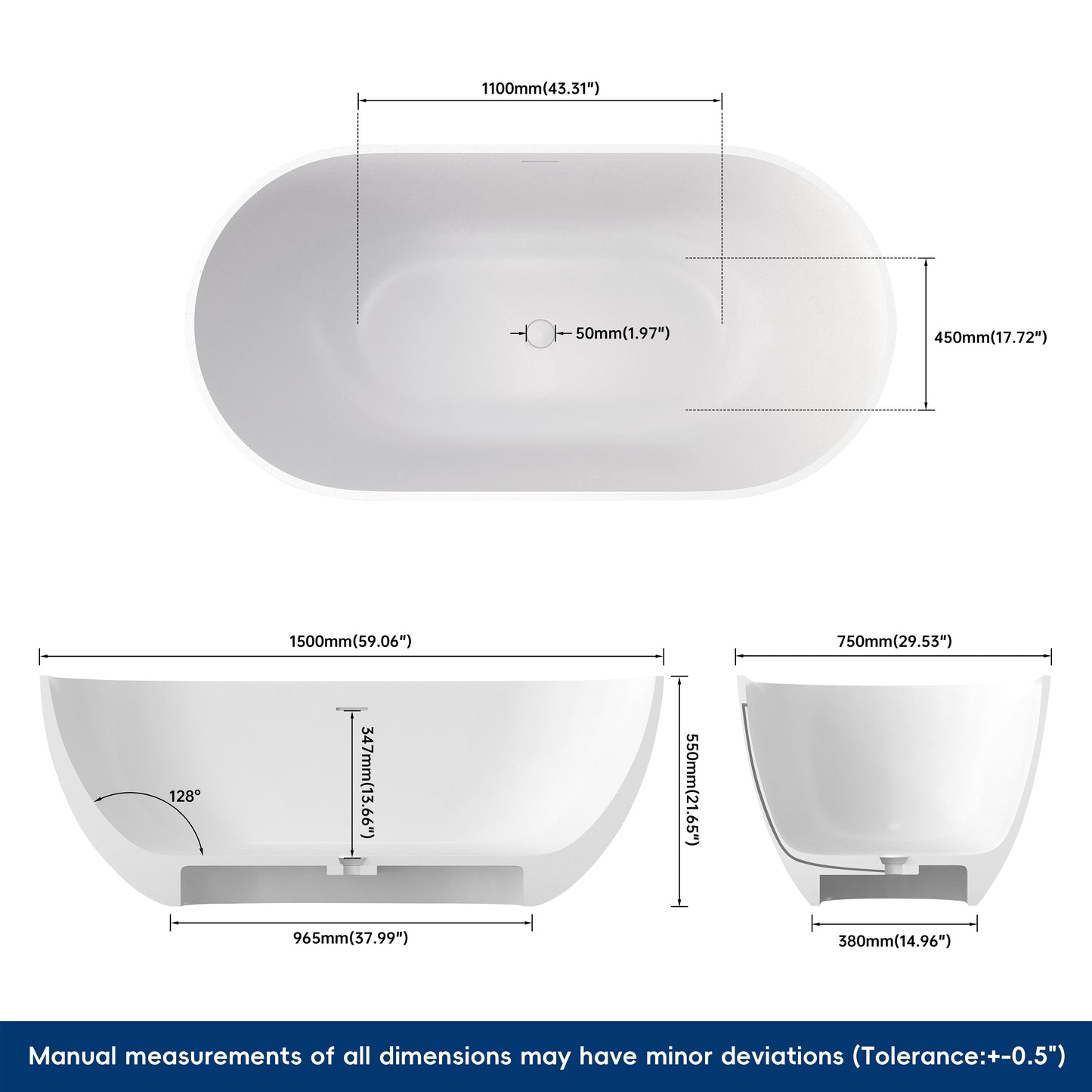Medunjess 59" Solid Surface Freestanding Bathtub – Resin Stone Soaking Tub