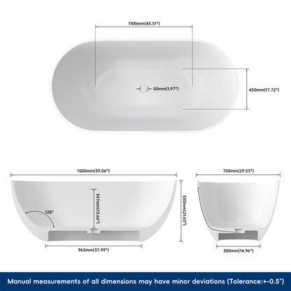 Medunjess 59" Solid Surface Freestanding Bathtub – Resin Stone Soaking Tub