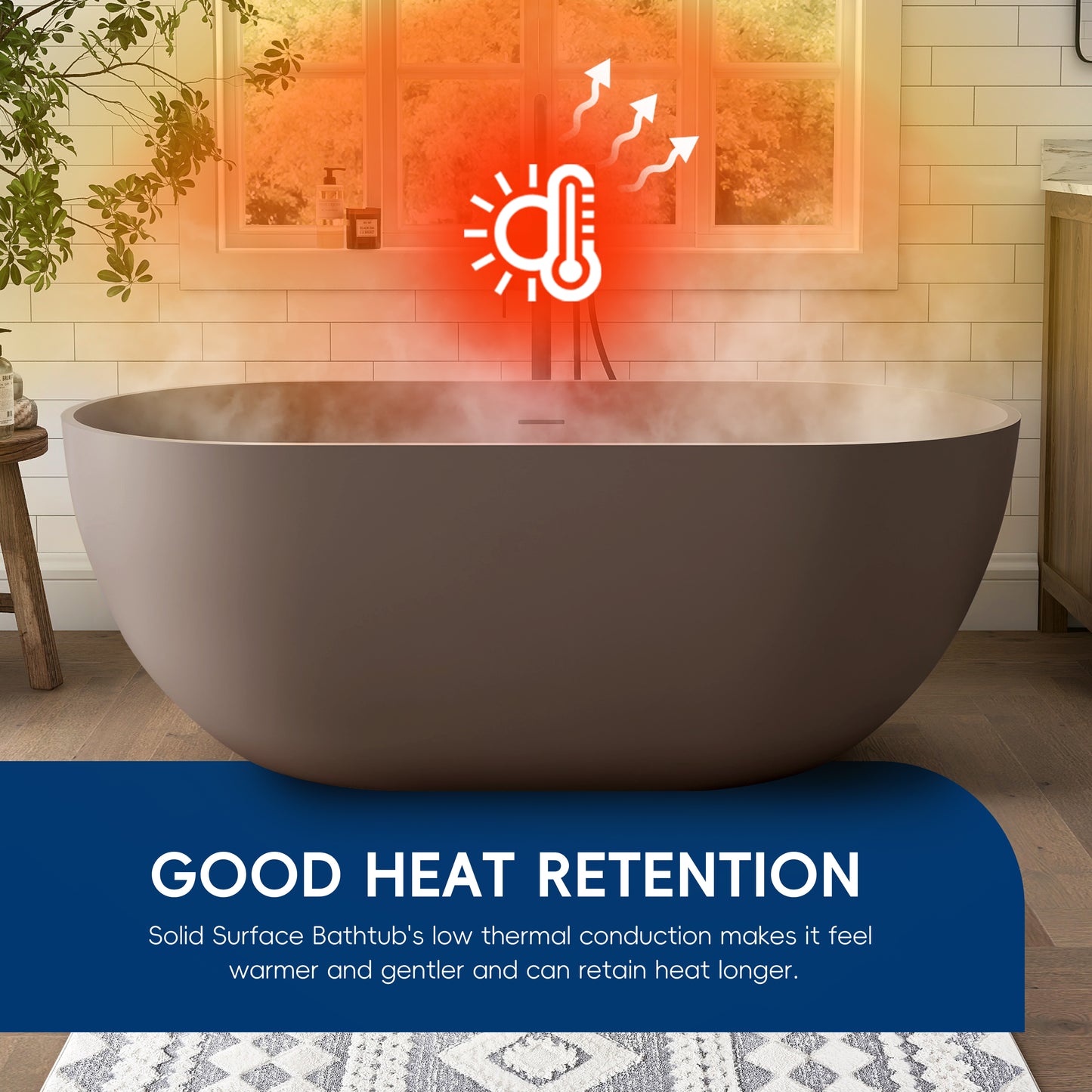 Modern bathtub with steam and thermal retention graphic in a bathroom setting