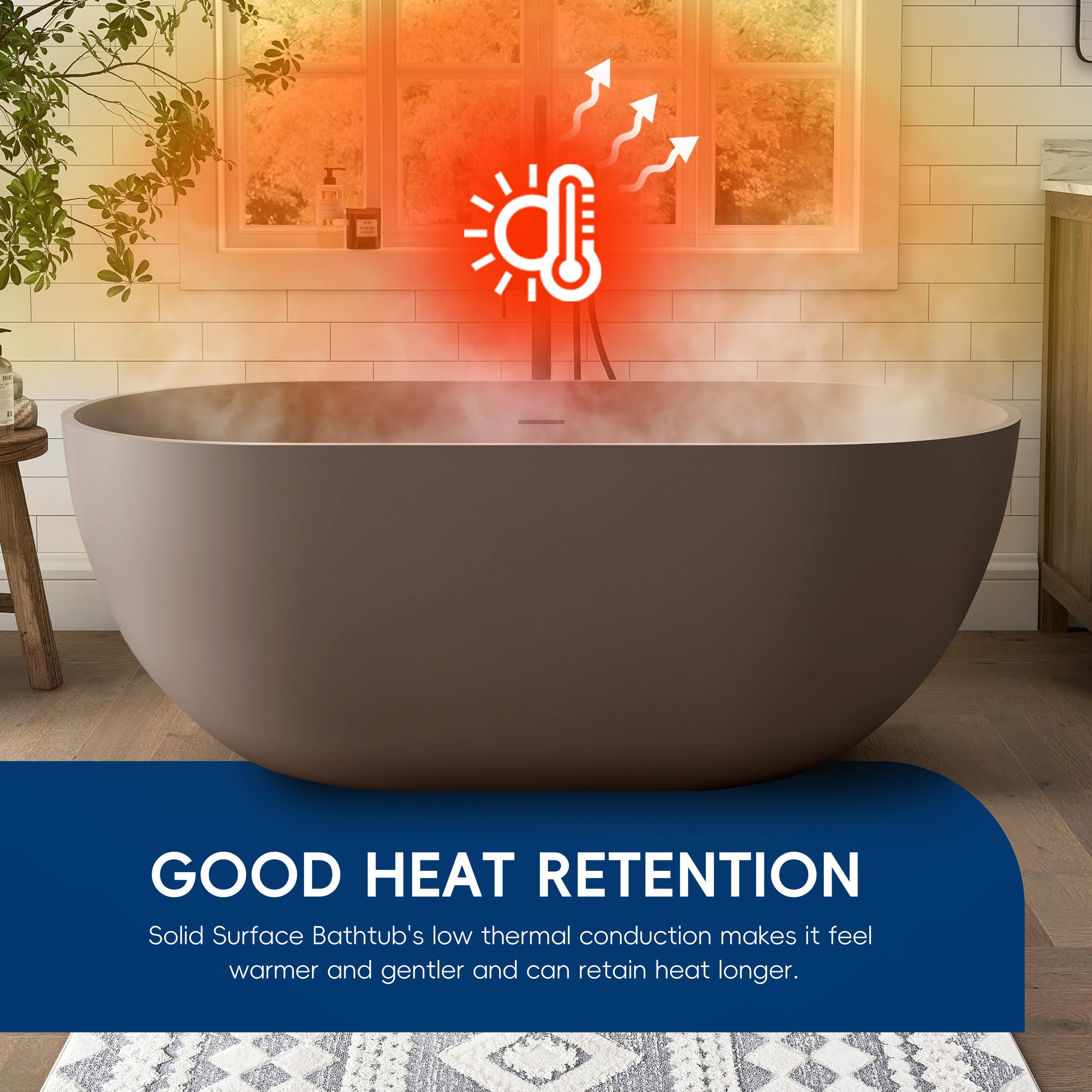 Modern bathtub with steam and thermal retention graphic in a bathroom setting