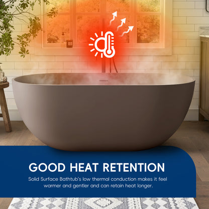 Modern bathtub with steam and thermal retention graphic in a bathroom setting