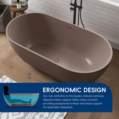 Grey-Coffee freestanding bathtub in a bathroom setting with ergonomic design text overlay.
