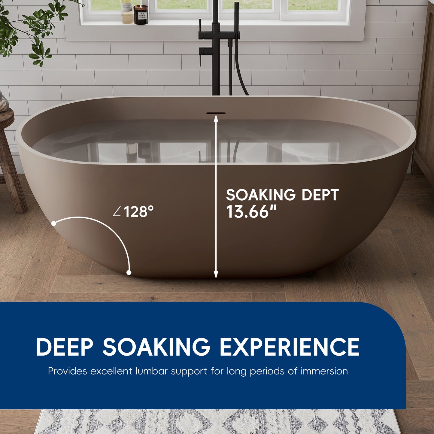 Modern Grey-Coffee freestanding bathtub with dimensions and text about a deep soaking experience in a bathroom setting.