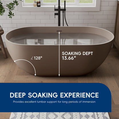 Modern Grey-Coffee freestanding bathtub with dimensions and text about a deep soaking experience in a bathroom setting.