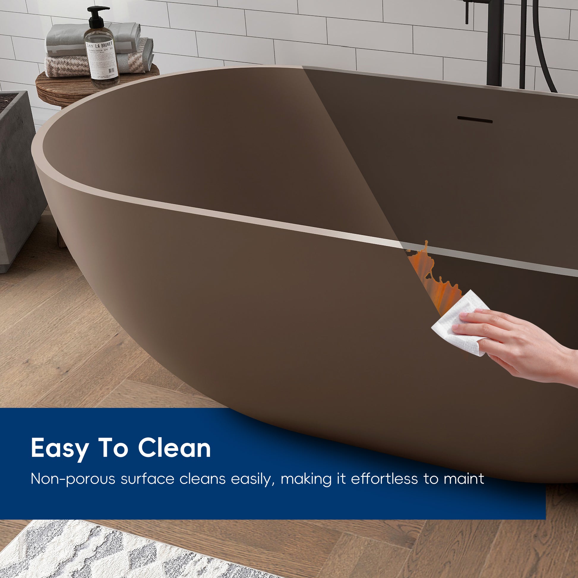 Grey-Coffee freestanding bathtub with a hand cleaning it, text 'Easy To Clean' on a blue bar.