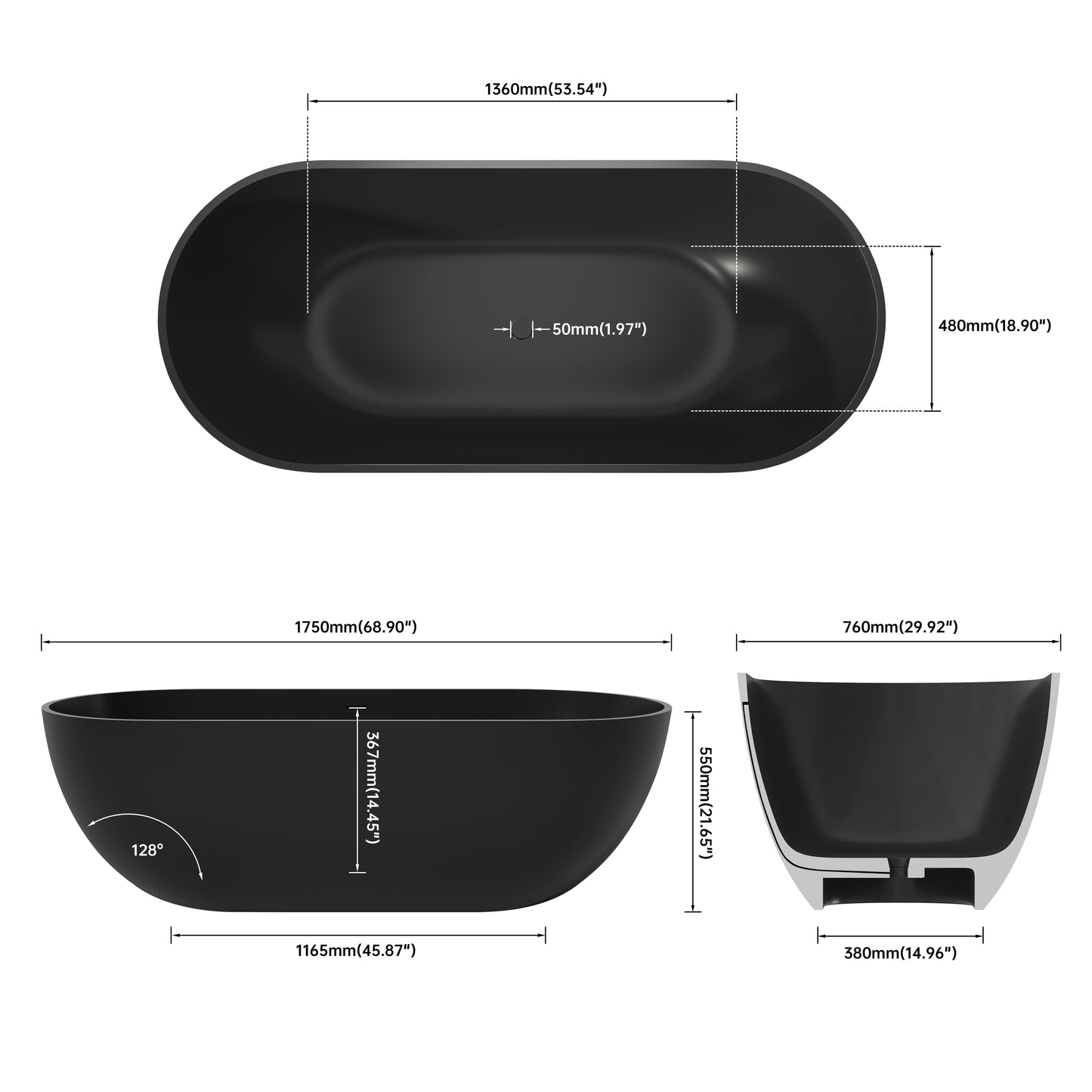 Medunjess 69" Minimalist Seamless Solid Surface Soaking Freestanding Oval Bathtub