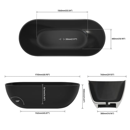 Medunjess 69" Minimalist Seamless Solid Surface Soaking Freestanding Oval Bathtub
