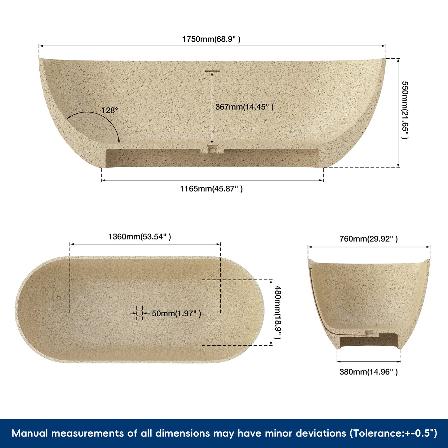 Medunjess Forma 69" Freestanding Soaking Bathtub Beige Granules
