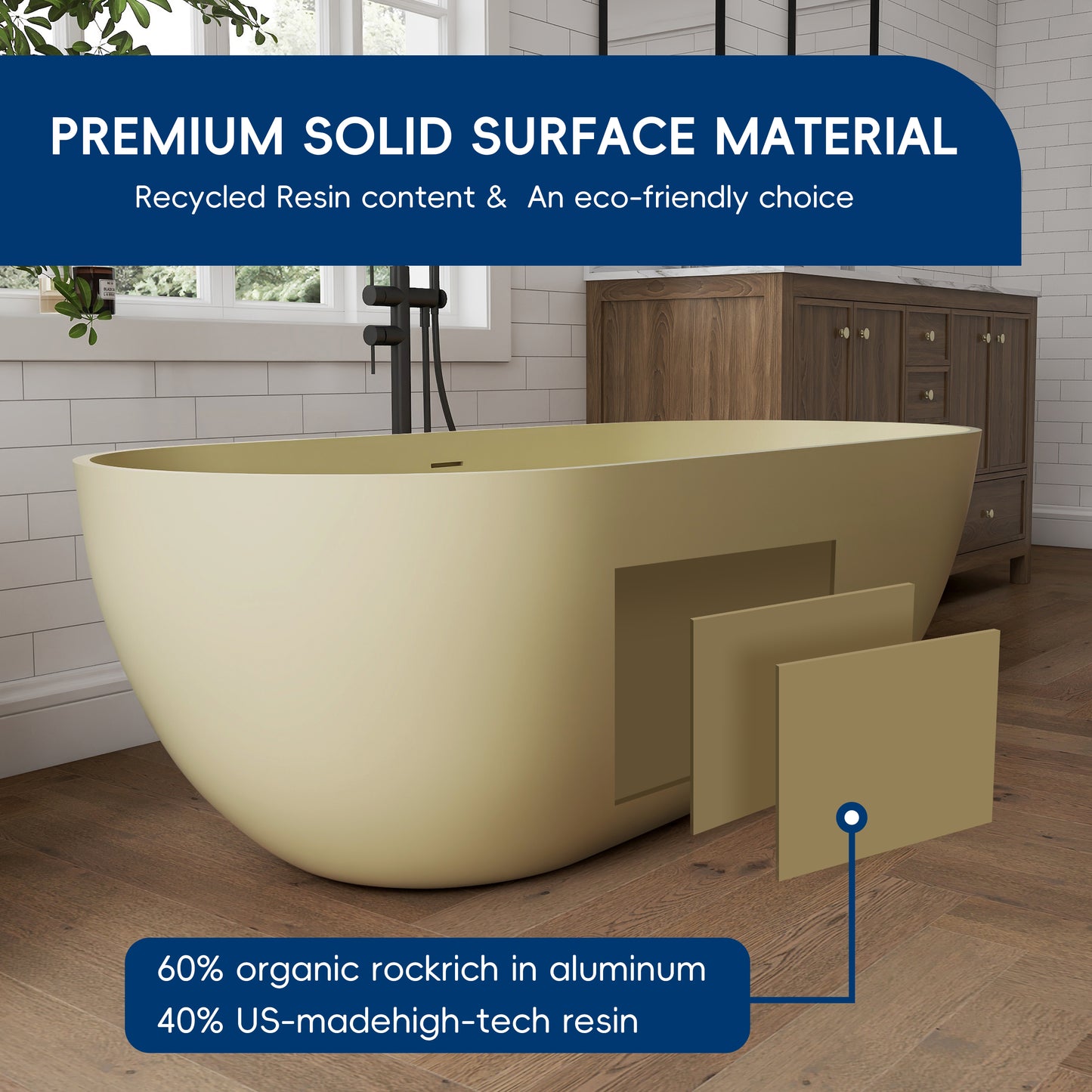 Medunjess 69" Caelus Solid Surface Soaking Freestanding Oval Bathtub