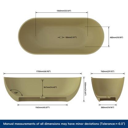 Medunjess 69" Caelus Solid Surface Soaking Freestanding Oval Bathtub