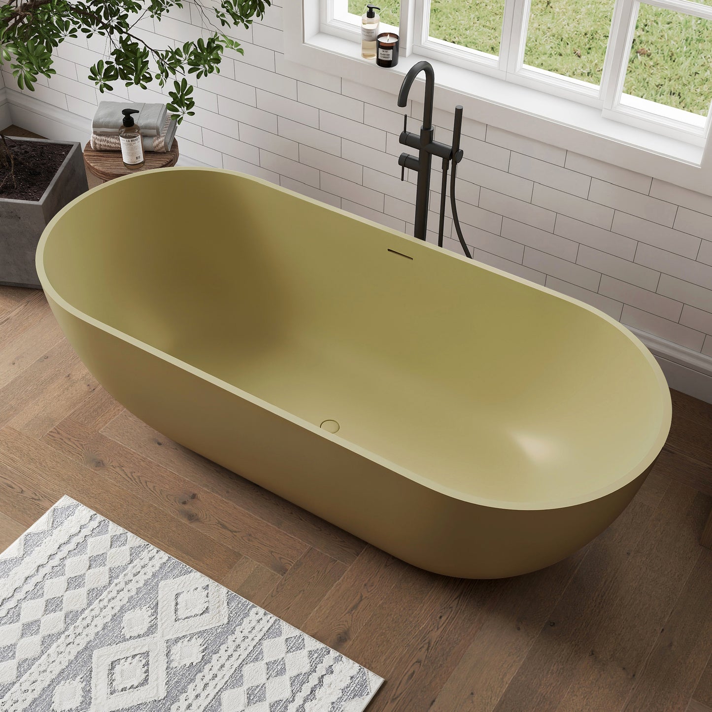 Medunjess 69" Caelus Solid Surface Soaking Freestanding Oval Bathtub