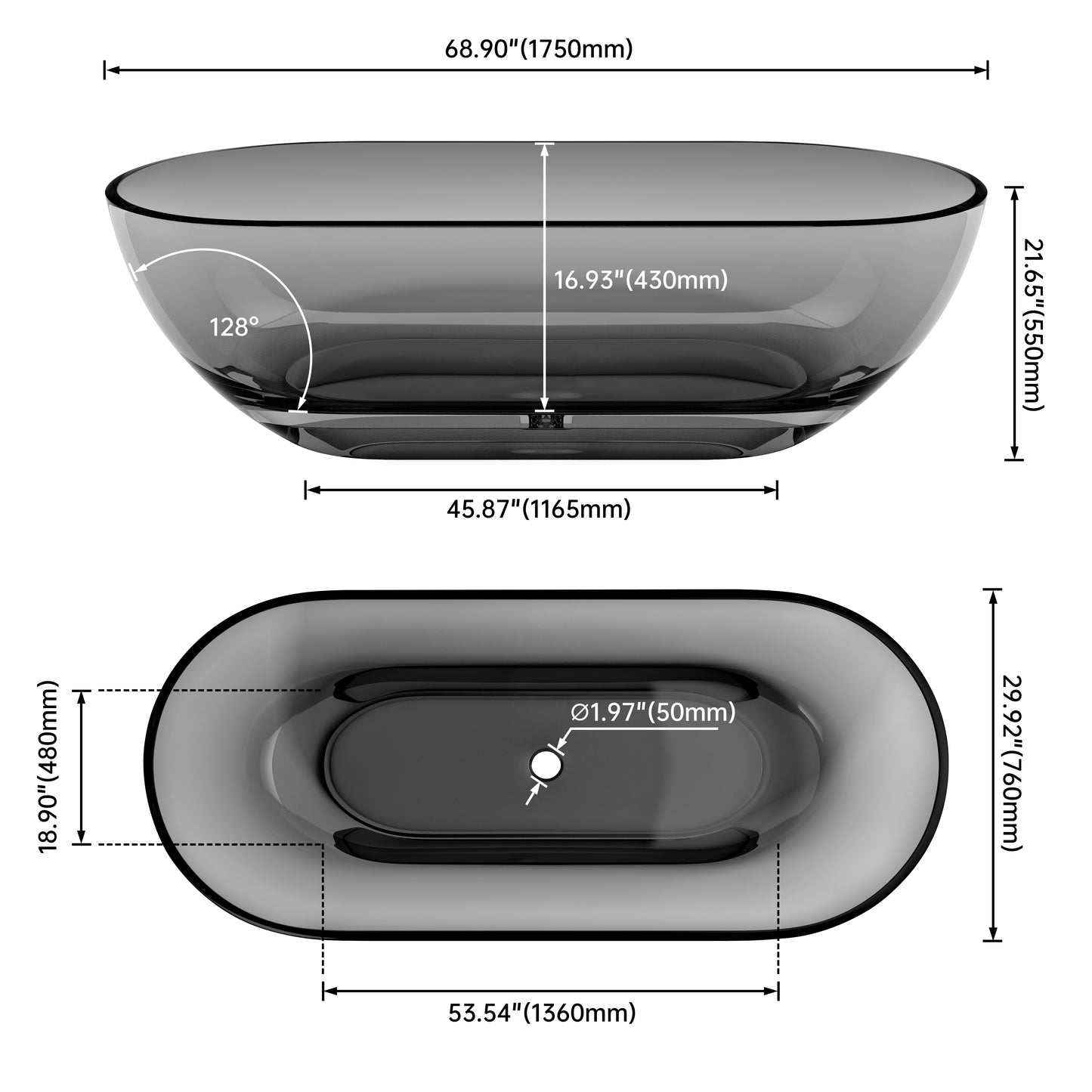 Medunjess 69" Modern Large Capacity Transparent Solid Surface Freestanding Bathtub
