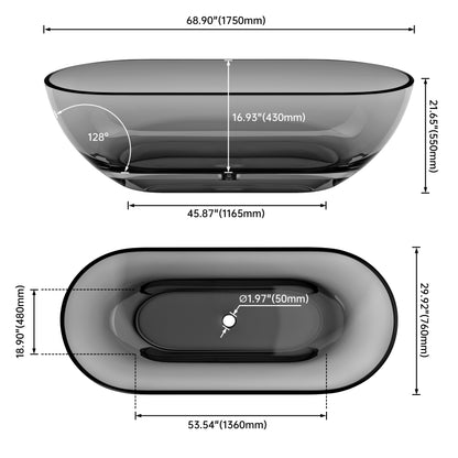 Medunjess 69" Modern Large Capacity Transparent Solid Surface Freestanding Bathtub