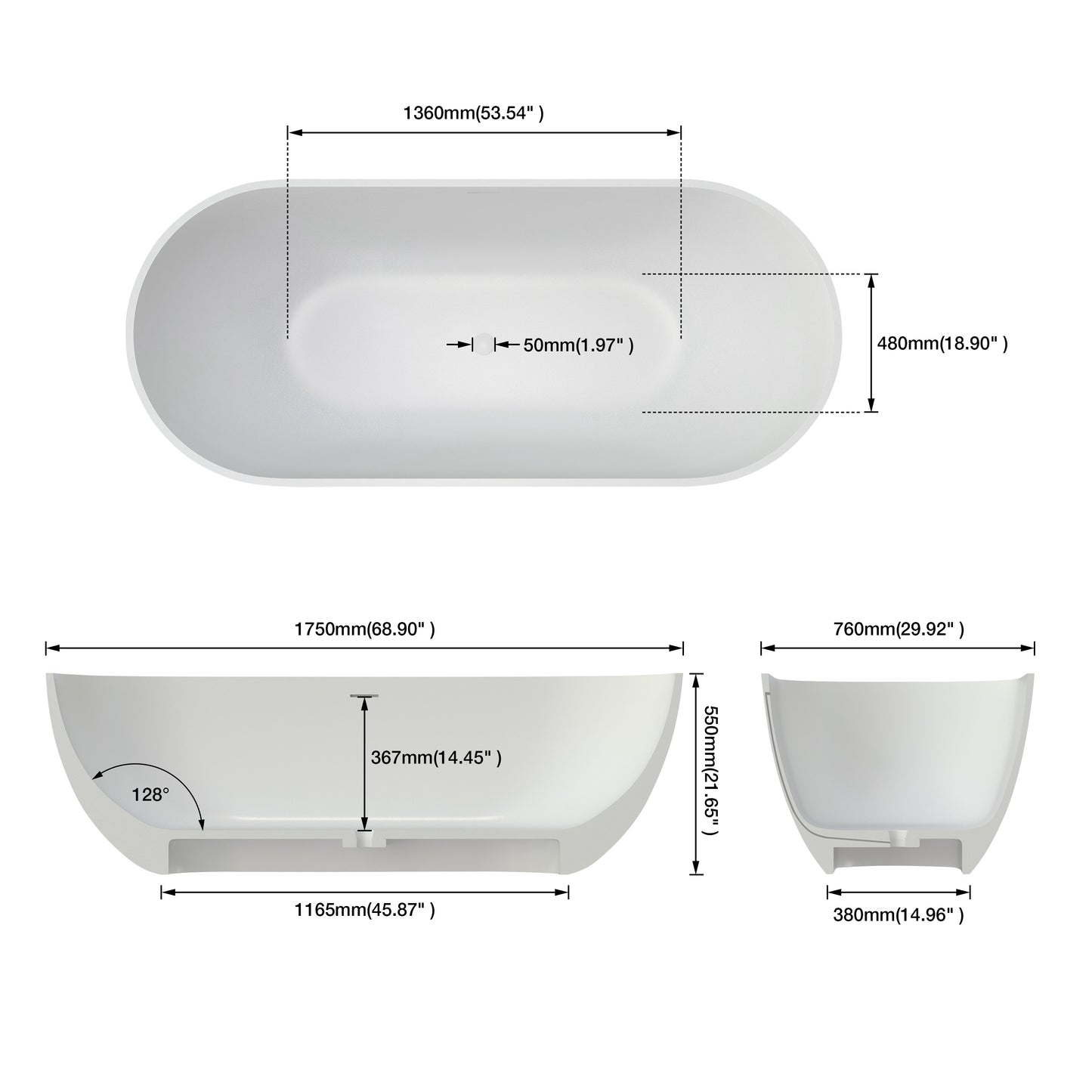 Medunjess 69" Minimalist Seamless Solid Surface Soaking Freestanding Oval Bathtub