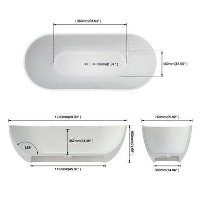 Medunjess 69" Minimalist Seamless Solid Surface Soaking Freestanding Oval Bathtub