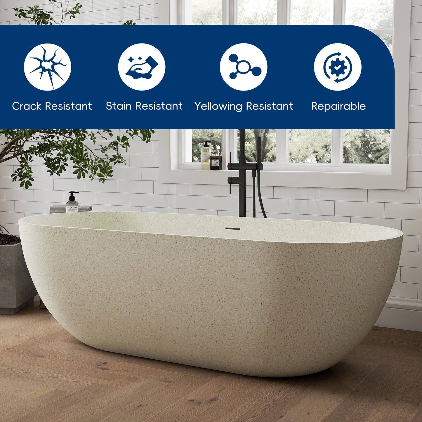 Medunjess 69" Particles Caelus Solid Surface Soaking Freestanding Oval Bathtub