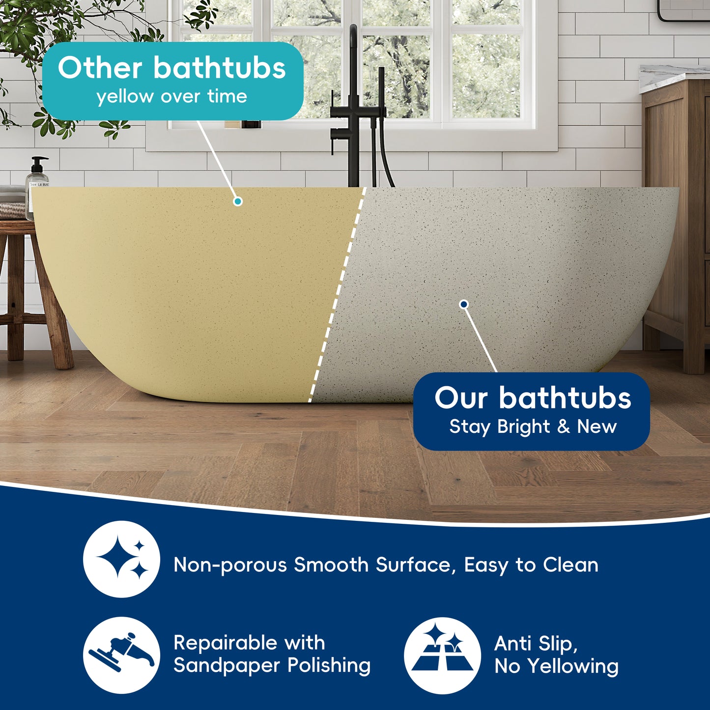 Medunjess 69" Particles Caelus Solid Surface Soaking Freestanding Oval Bathtub