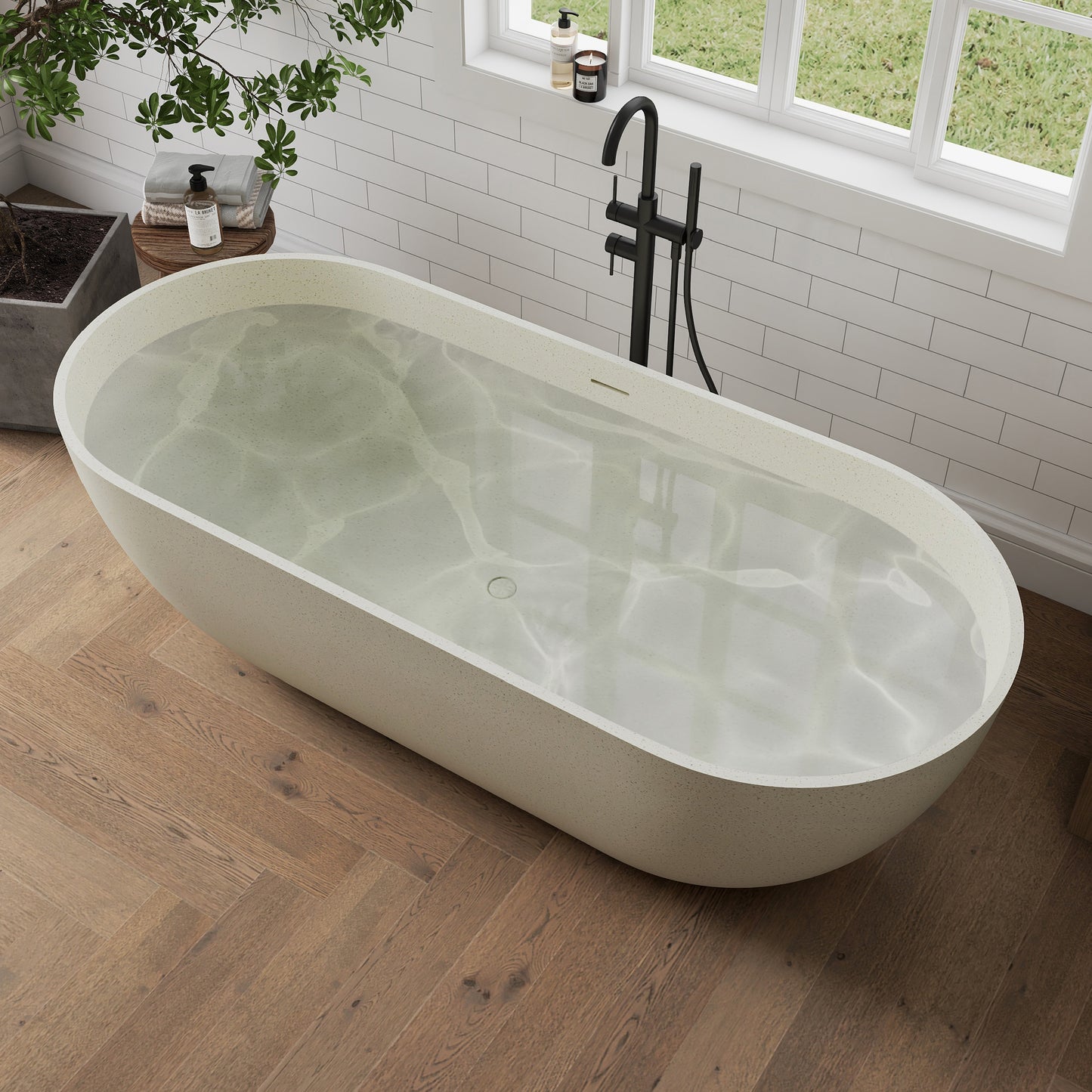 Medunjess 69" Particles Caelus Solid Surface Soaking Freestanding Oval Bathtub