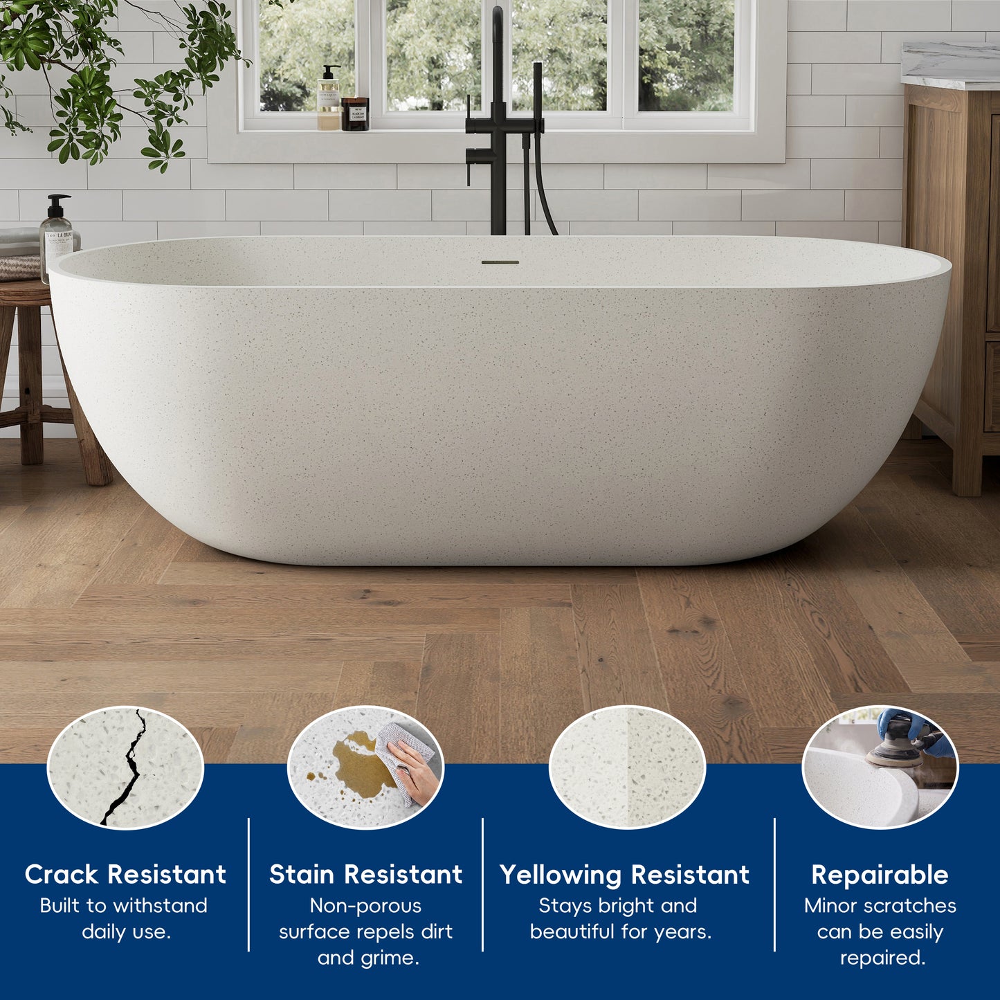 Medunjess 69" Particles Caelus Solid Surface Soaking Freestanding Oval Bathtub