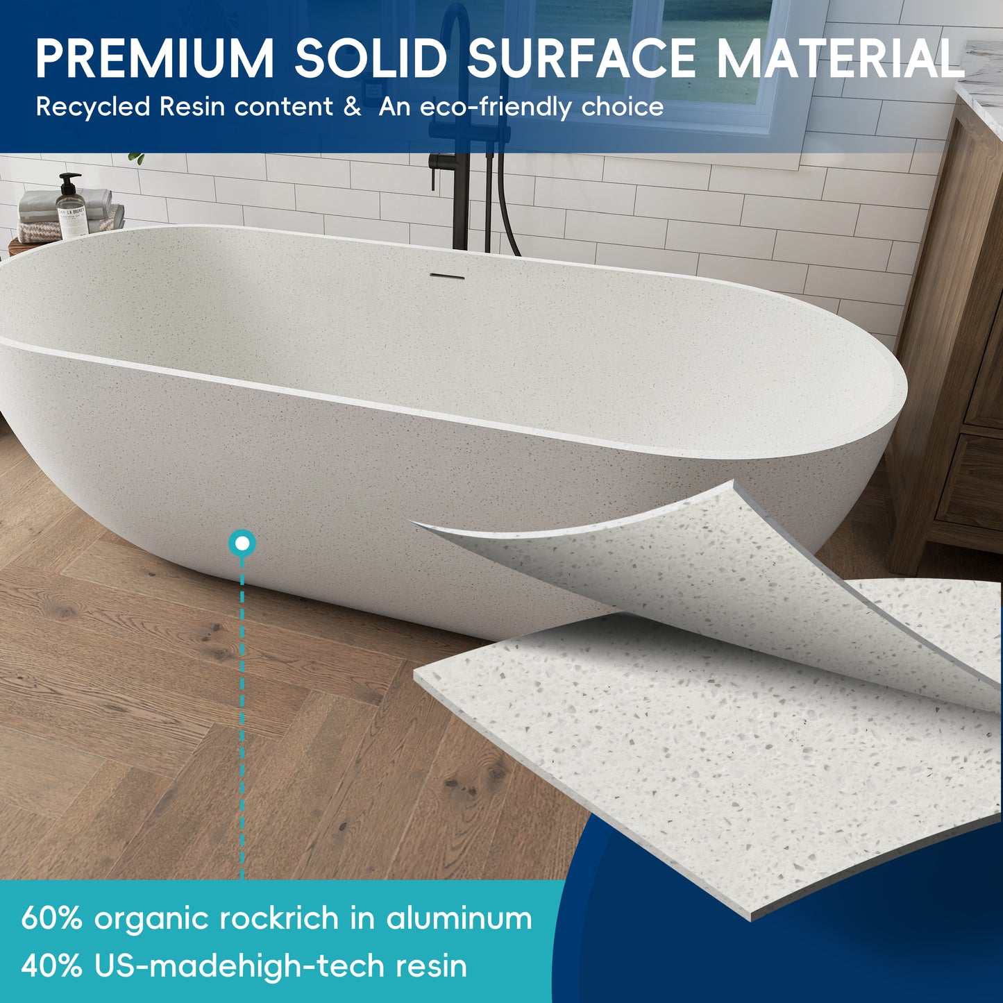 Medunjess 69" Particles Caelus Solid Surface Soaking Freestanding Oval Bathtub