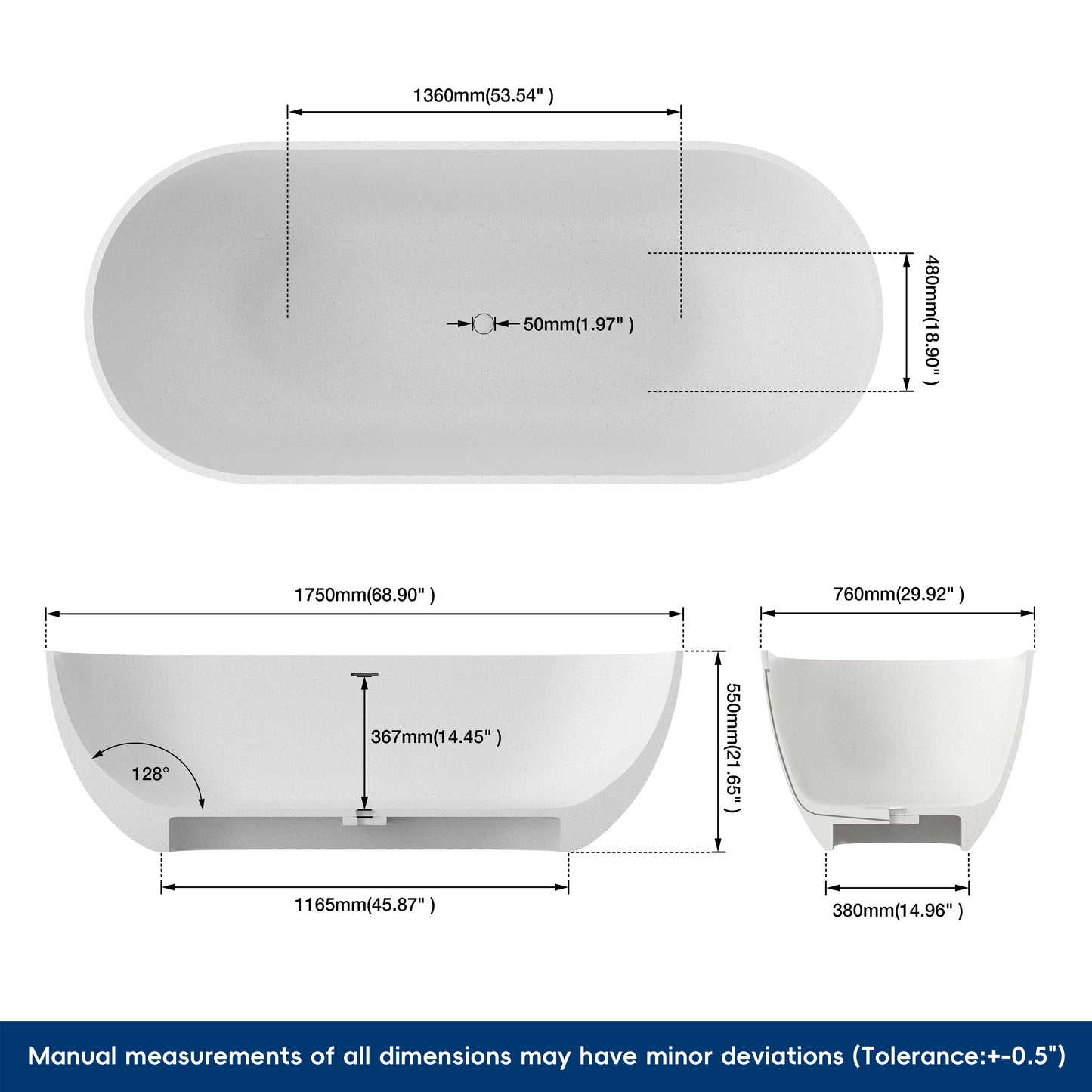 Medunjess 69" Particles Caelus Solid Surface Soaking Freestanding Oval Bathtub