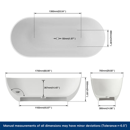 Medunjess 69" Particles Caelus Solid Surface Soaking Freestanding Oval Bathtub