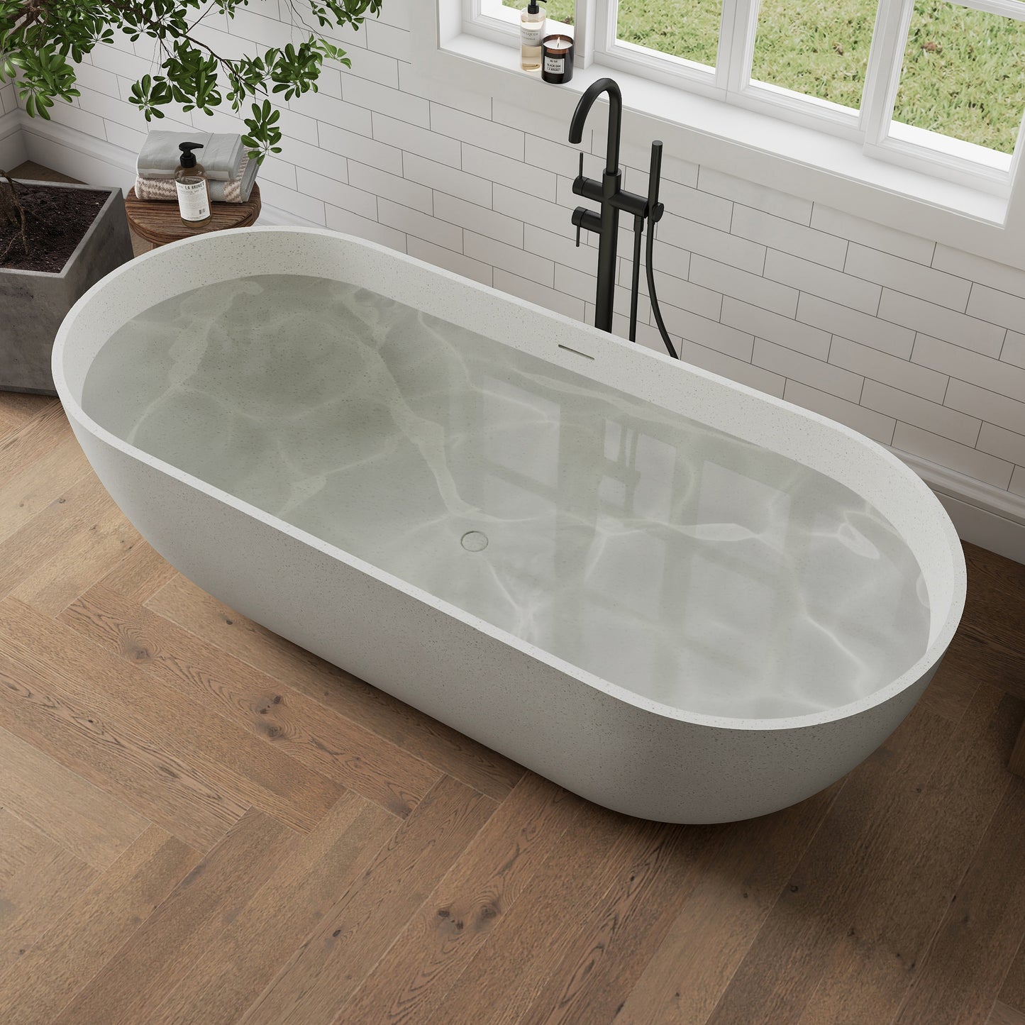 Medunjess 69" Particles Caelus Solid Surface Soaking Freestanding Oval Bathtub