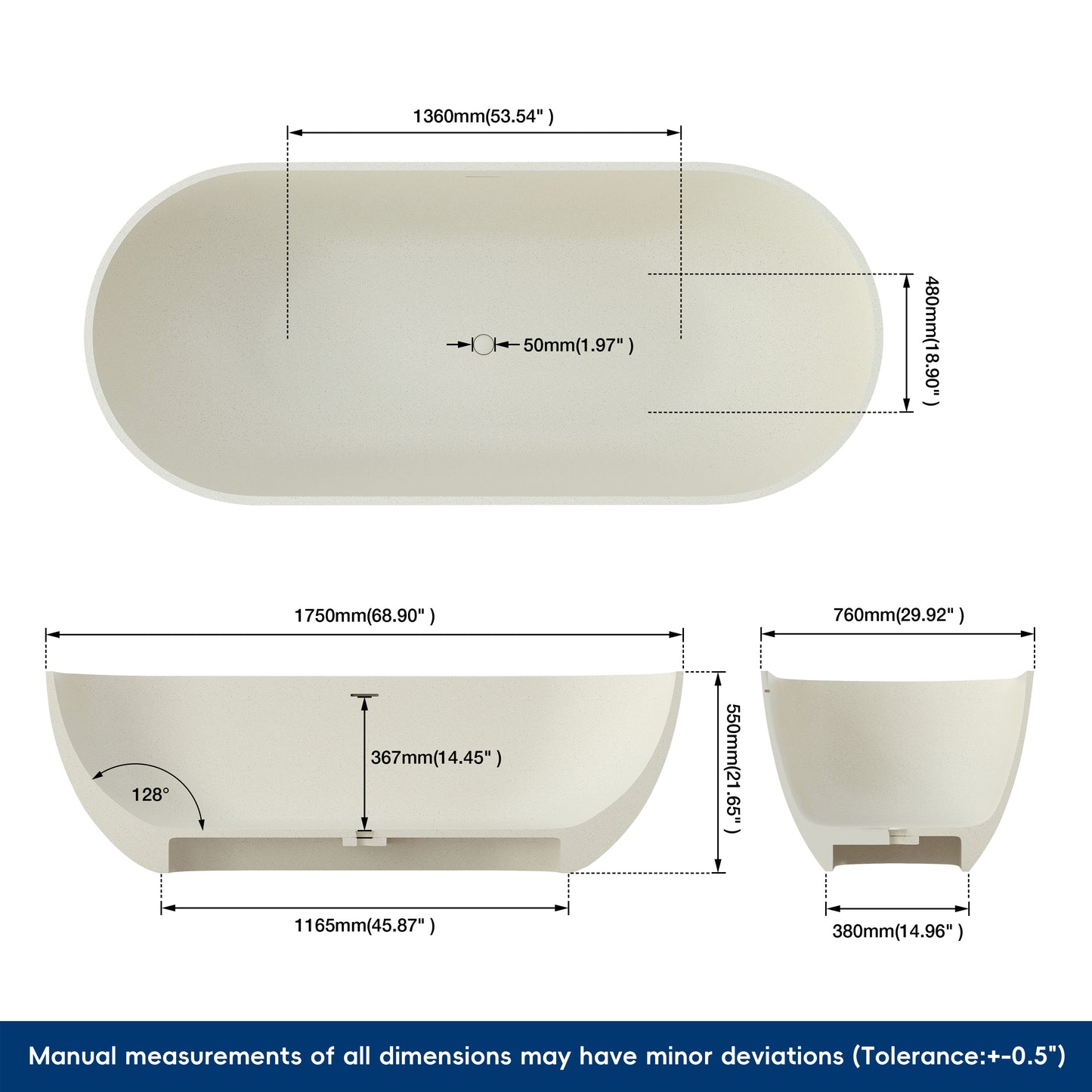 Medunjess 69" Particles Caelus Solid Surface Soaking Freestanding Oval Bathtub