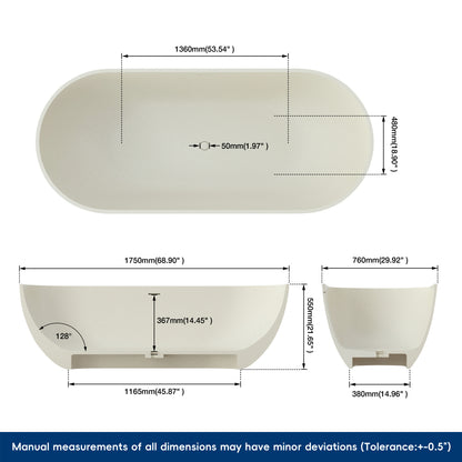 Medunjess 69" Particles Caelus Solid Surface Soaking Freestanding Oval Bathtub