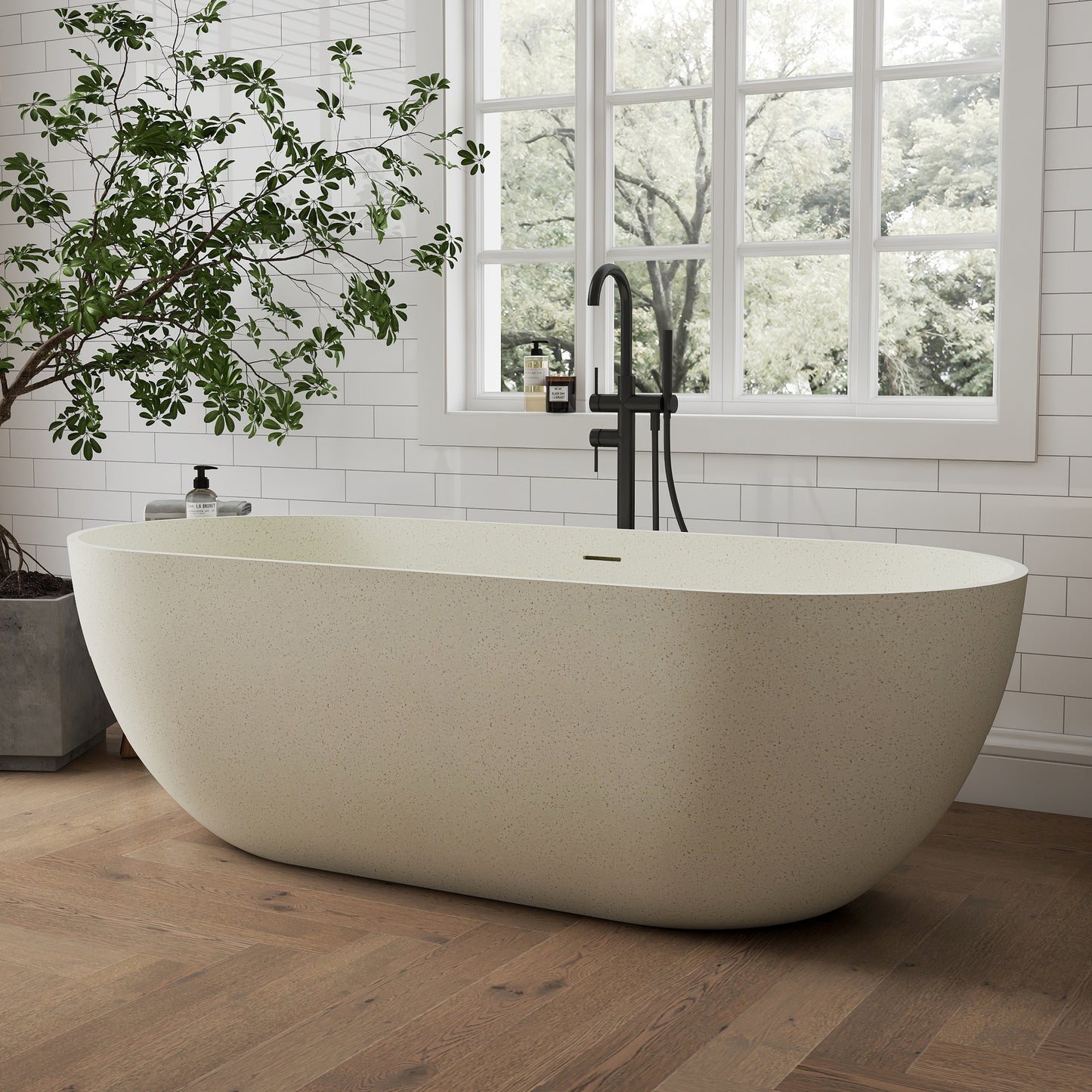 Medunjess 69" Particles Caelus Solid Surface Soaking Freestanding Oval Bathtub