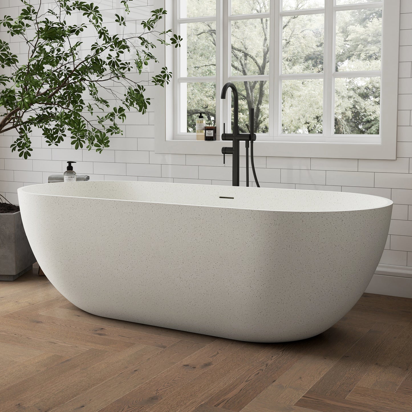 Medunjess 69" Particles Caelus Solid Surface Soaking Freestanding Oval Bathtub
