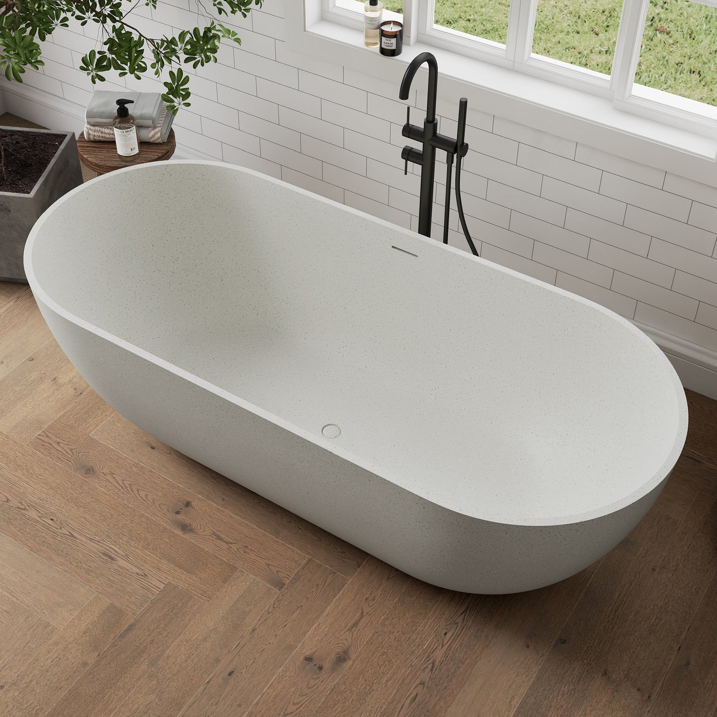 Medunjess 69" Particles Caelus Solid Surface Soaking Freestanding Oval Bathtub