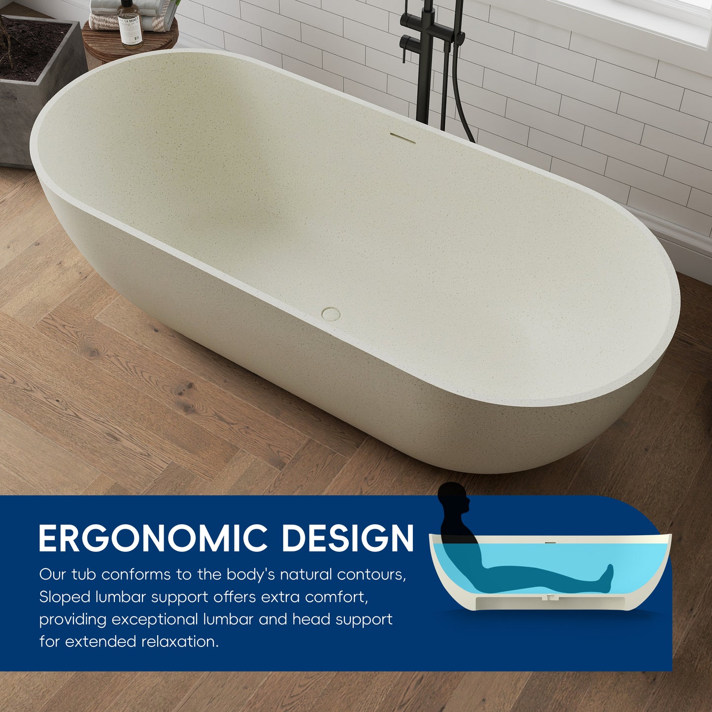 Medunjess 69" Particles Caelus Solid Surface Soaking Freestanding Oval Bathtub