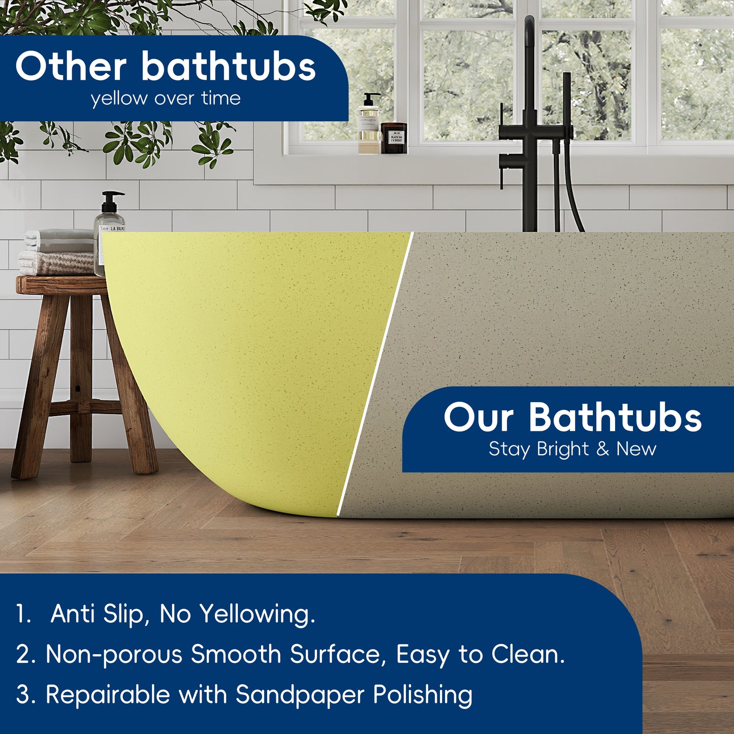 Medunjess 69" Particles Caelus Solid Surface Soaking Freestanding Oval Bathtub