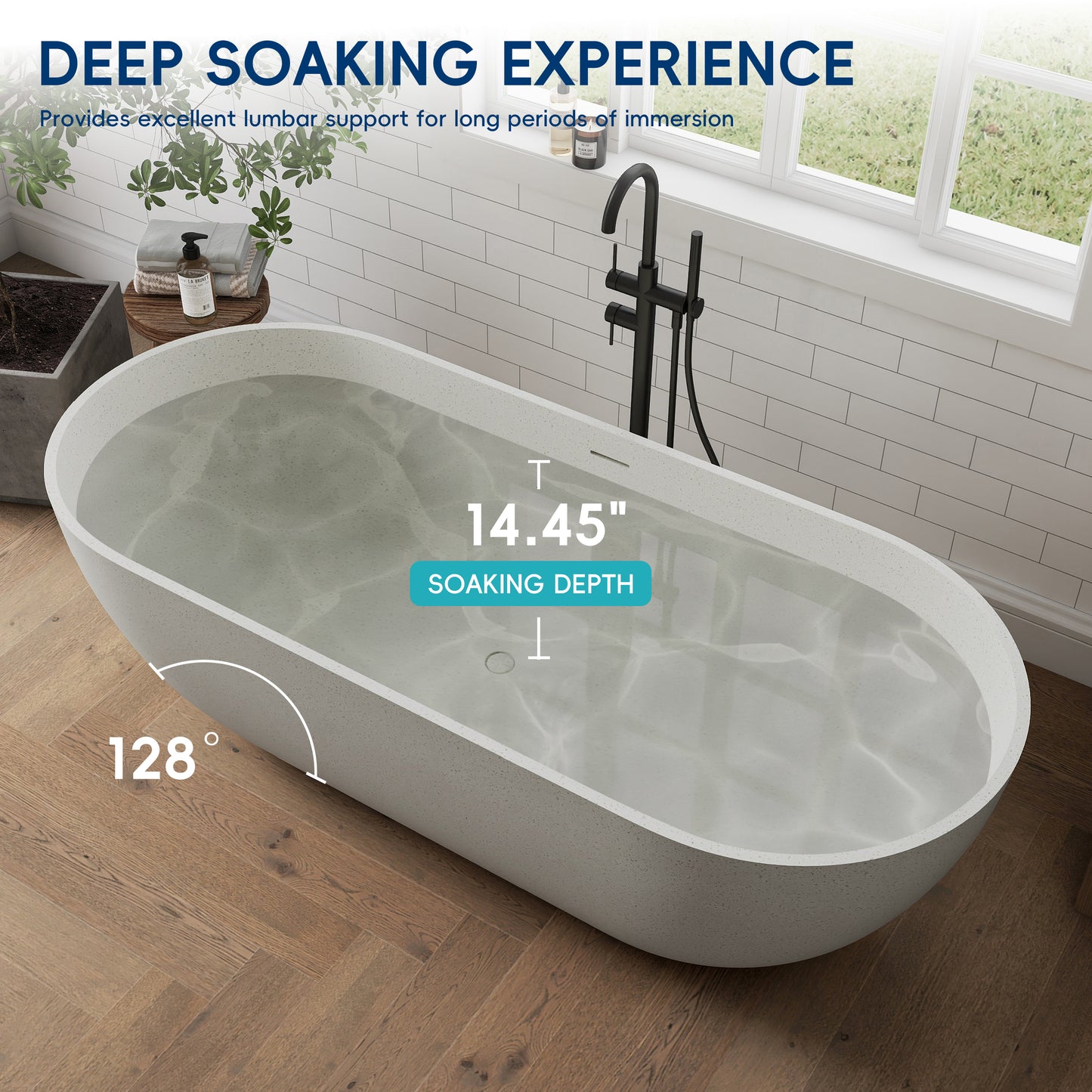 Medunjess 69" Particles Caelus Solid Surface Soaking Freestanding Oval Bathtub