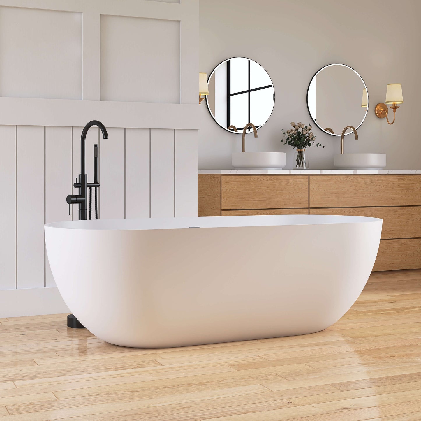 Medunjess 69" Freestanding Soaking Bathtub Solid Surface Stone Resin Soaking Tubs