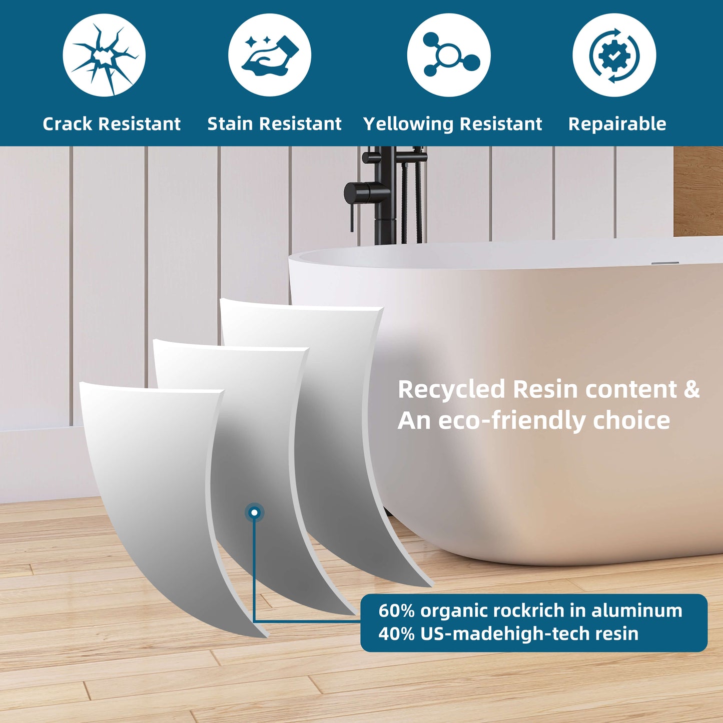 Medunjess 69" Freestanding Soaking Bathtub Solid Surface Stone Resin Soaking Tubs