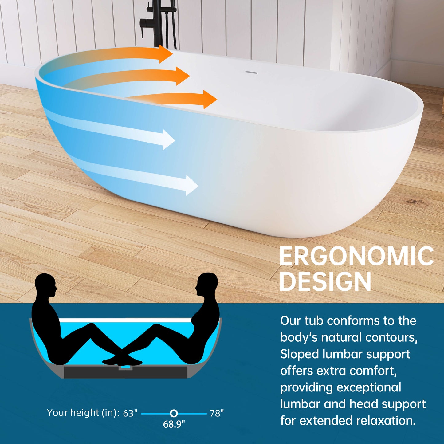 Medunjess 69" Freestanding Soaking Bathtub Solid Surface Stone Resin Soaking Tubs