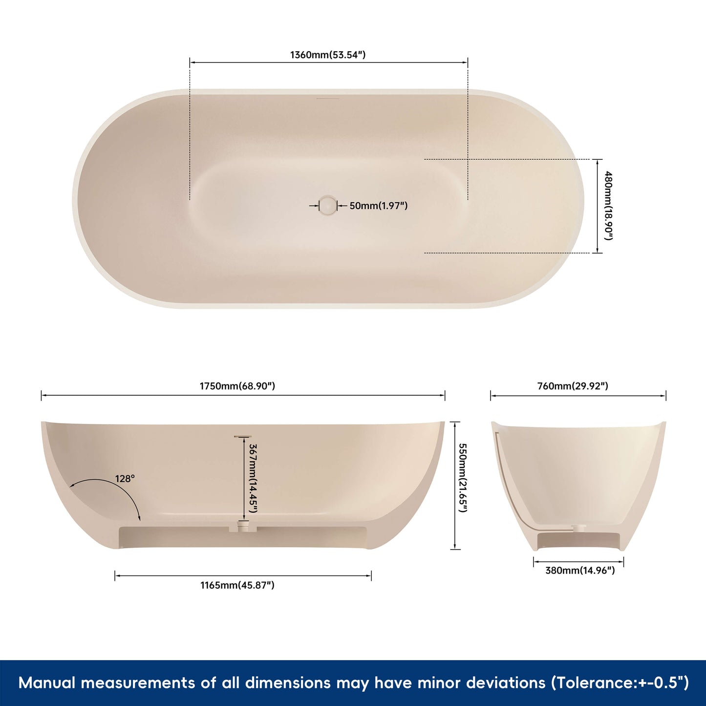 Medunjess 69" Freestanding Soaking Bathtub Solid Surface Stone Resin Soaking Tubs,Milk Coffee