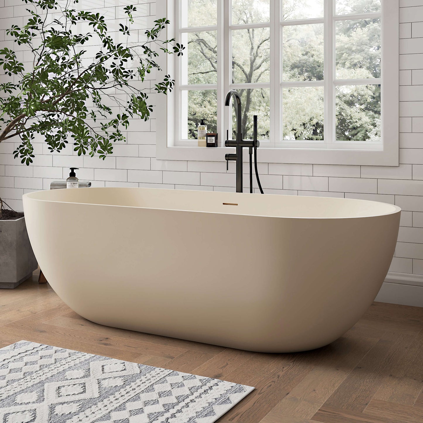 Medunjess 69" Freestanding Soaking Bathtub Solid Surface Stone Resin Soaking Tubs,Milk Coffee
