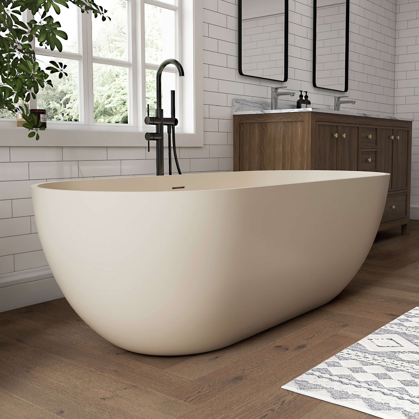 Medunjess 69" Freestanding Soaking Bathtub Solid Surface Stone Resin Soaking Tubs,Milk Coffee