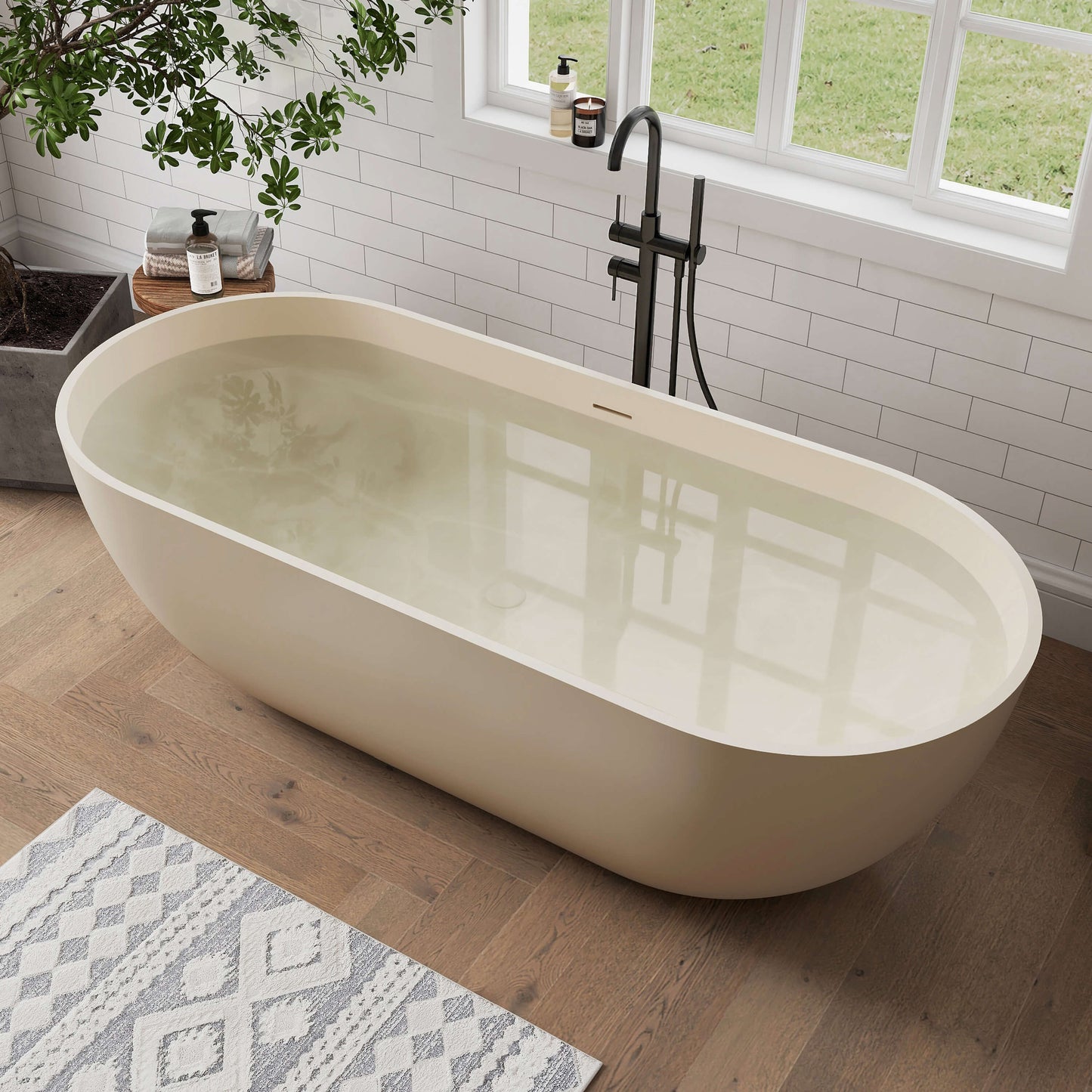 Medunjess 69" Freestanding Soaking Bathtub Solid Surface Stone Resin Soaking Tubs,Milk Coffee
