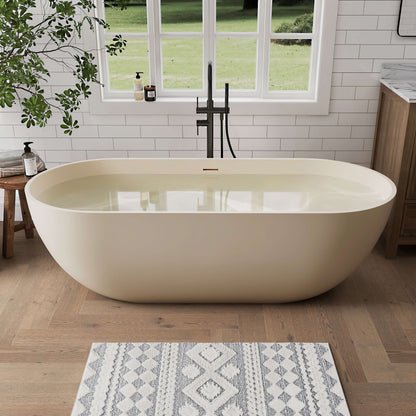 Medunjess 69" Freestanding Soaking Bathtub Solid Surface Stone Resin Soaking Tubs,Milk Coffee