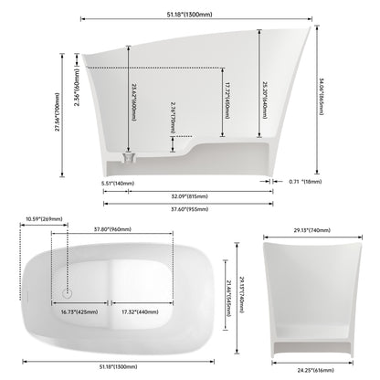 Medunjess 51" Japanese Soaking Tub Solid Surface Freestanding Bathtub