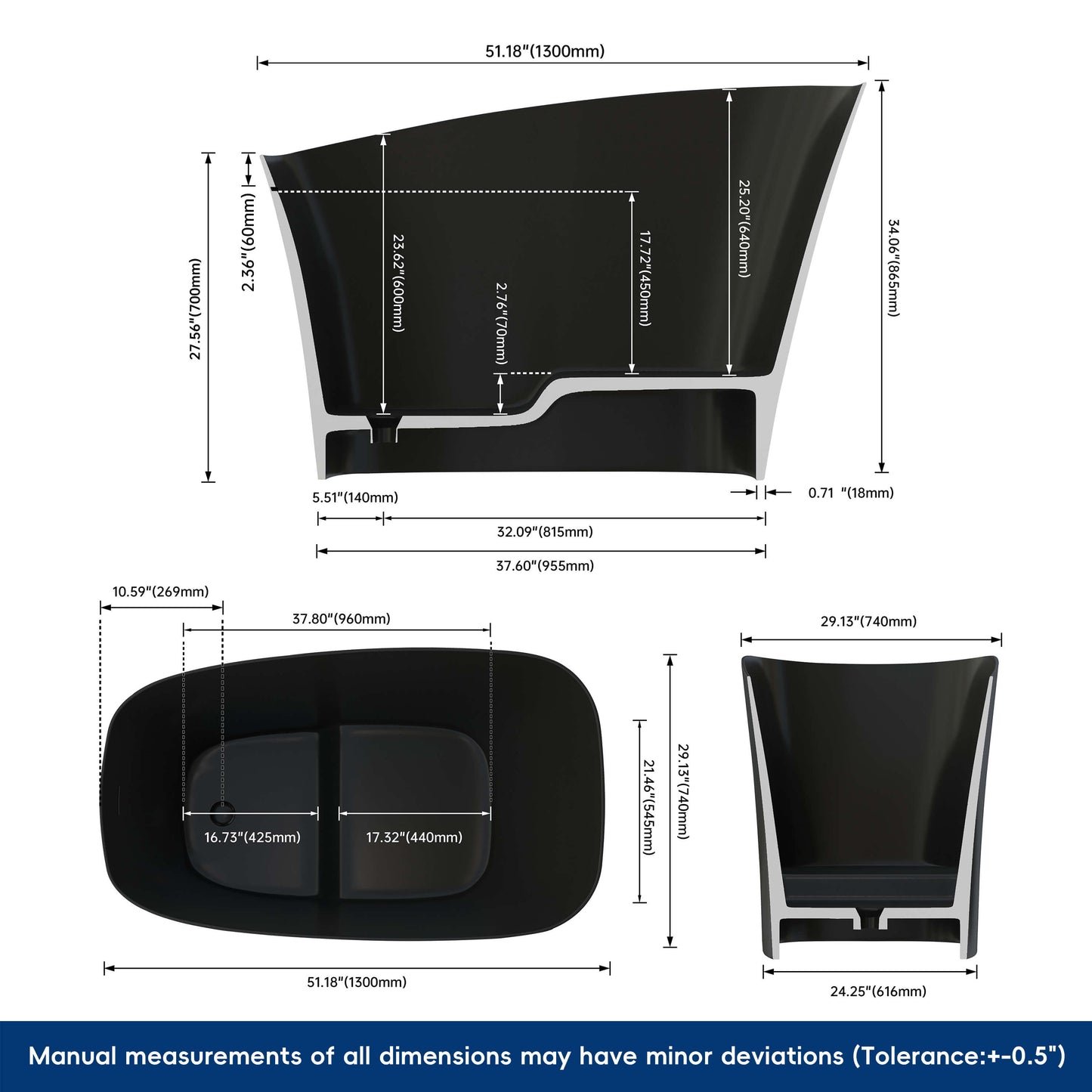 Medunjess 51" Japanese Soaking Tub Freestanding ECO-Friendly,Black