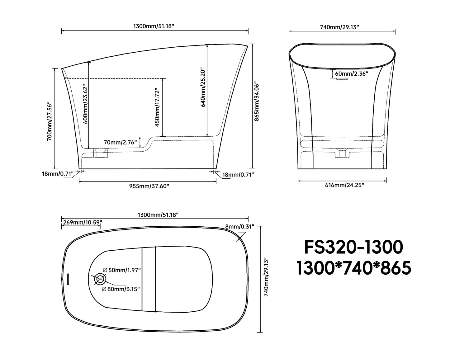 Medunjess 51" Japanese Soaking Tub Solid Surface Freestanding Bathtub